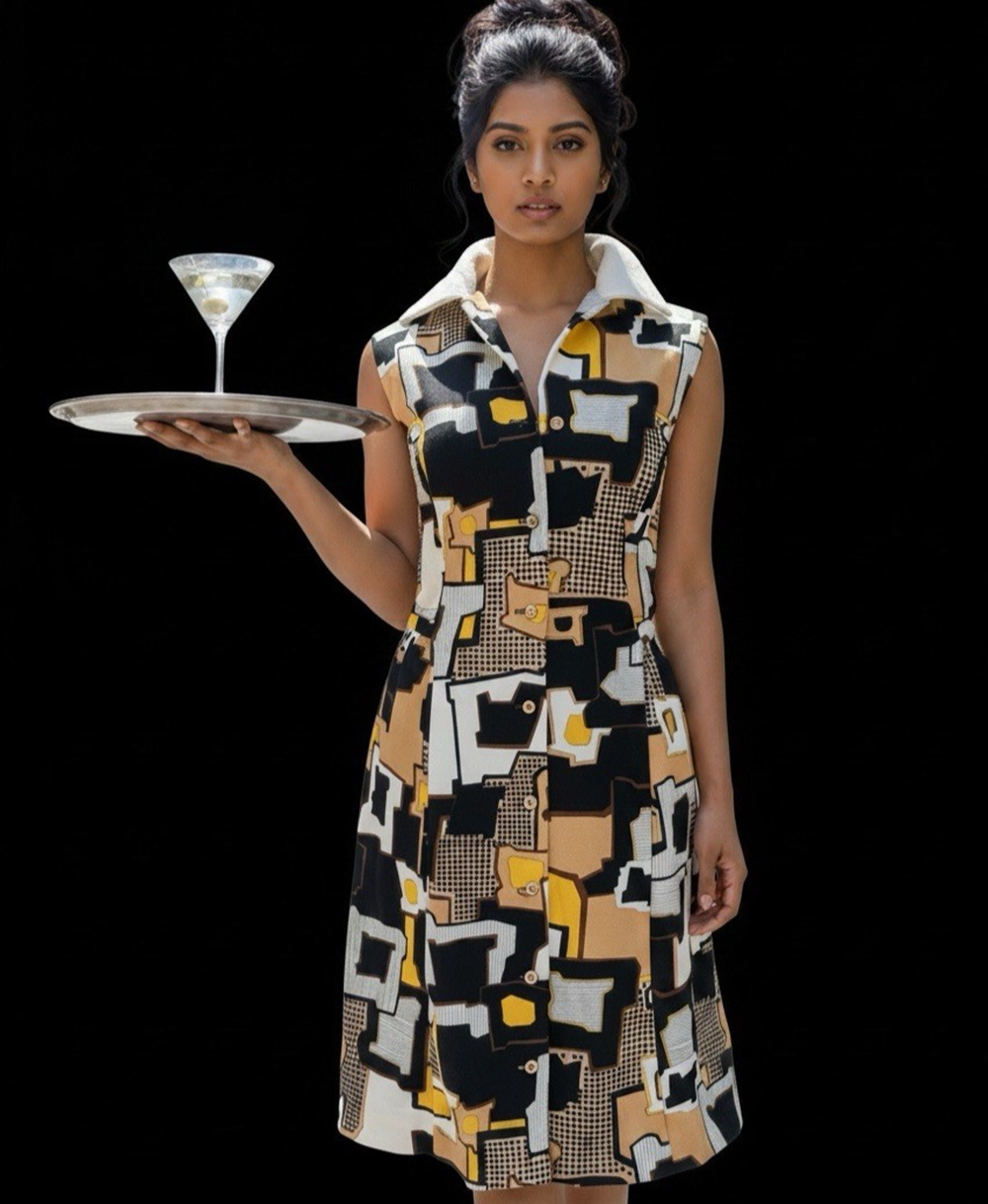 Vintage 70s Its Better Double Knit Dress Mod Geometric Belted Midi MCM Retro L
